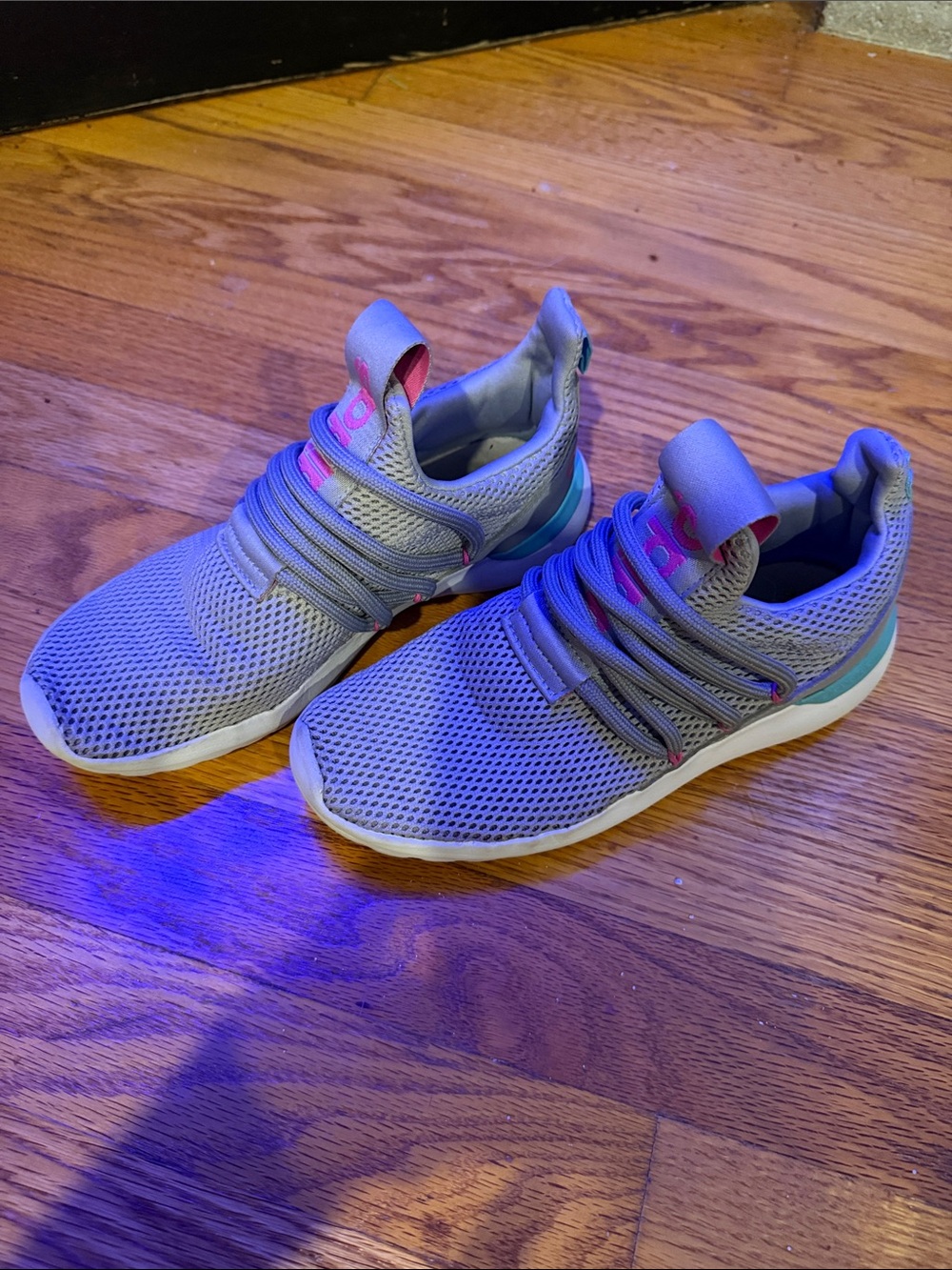 adidas Kids Grey Mesh Sneakers with Pink Accents